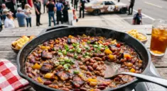 Skillet of beans and bacon beside a racetrack pit lane