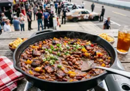 Skillet of beans and bacon beside a racetrack pit lane